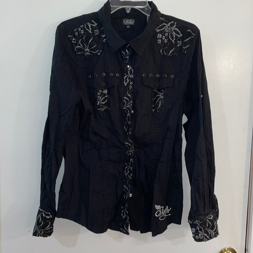 Sinful snap button shirt black grunge western size M